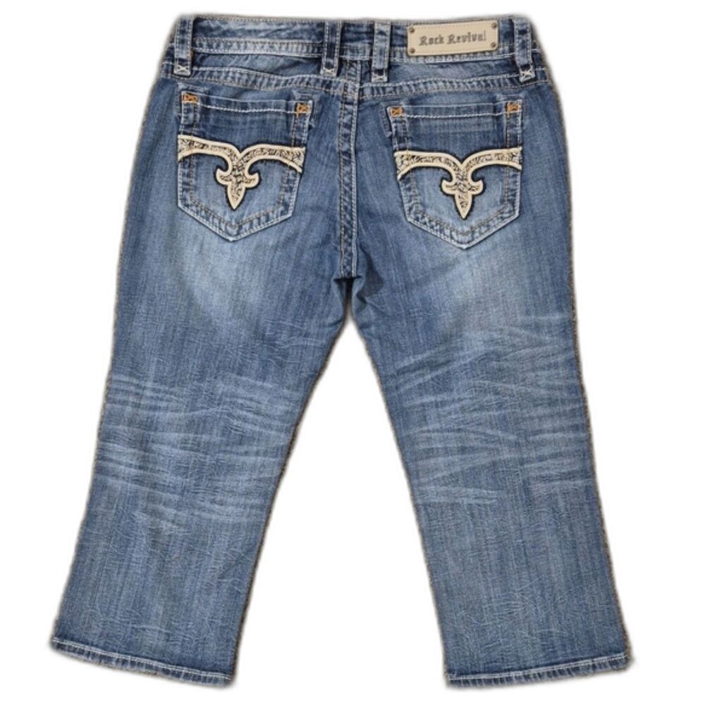 Rock Revival Angela Capri Jeans 30 Low Rise Distressed Fleur De Lis Y2K Denim